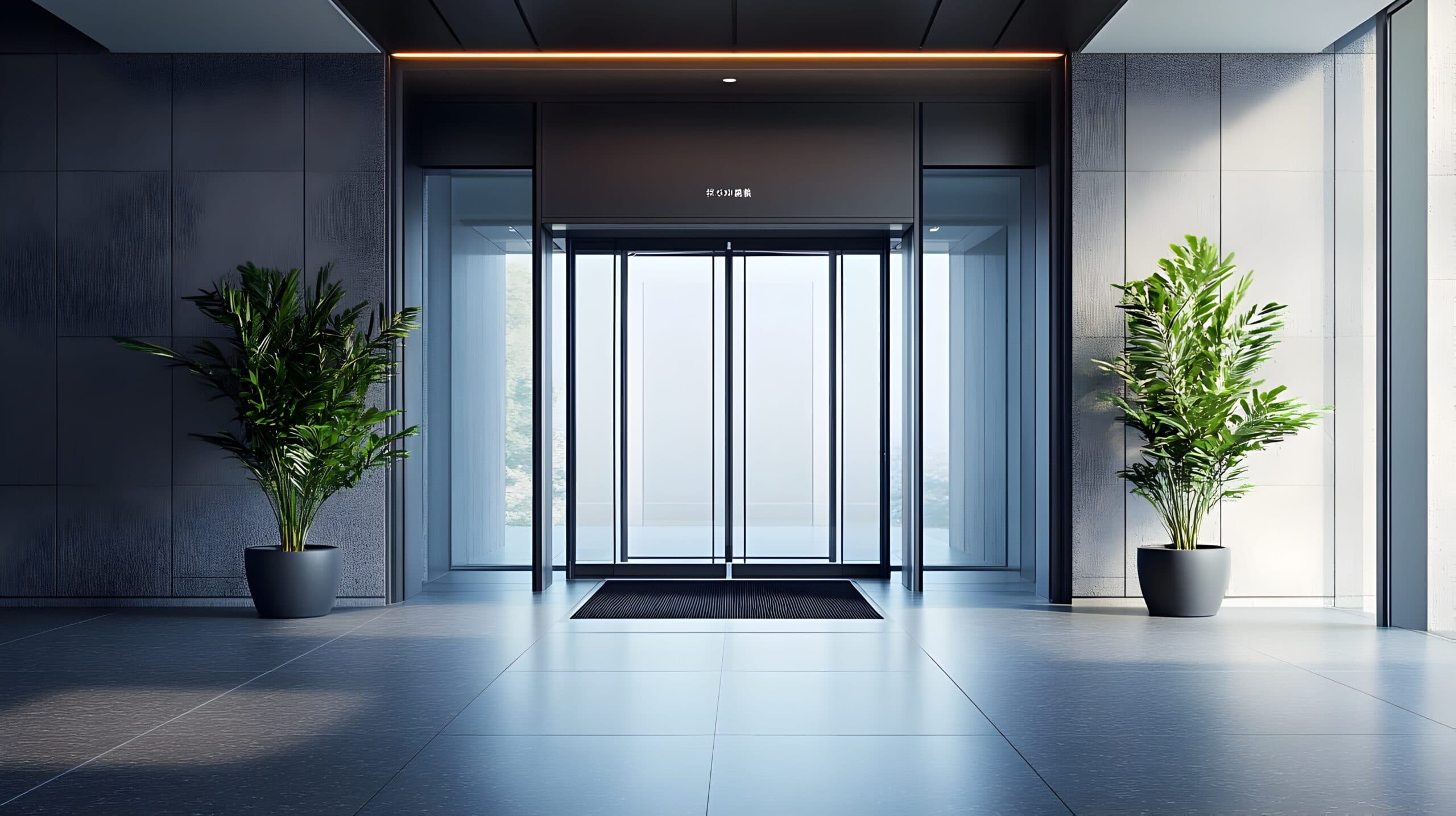 Porte coulissante automatique à détection de mouvement à l’entrée d’un bureau moderne