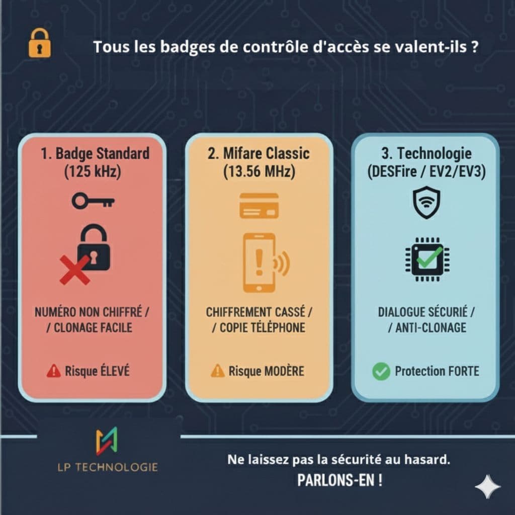 Illustrations démontrant différentes technologie de badges de contrôle d'accès