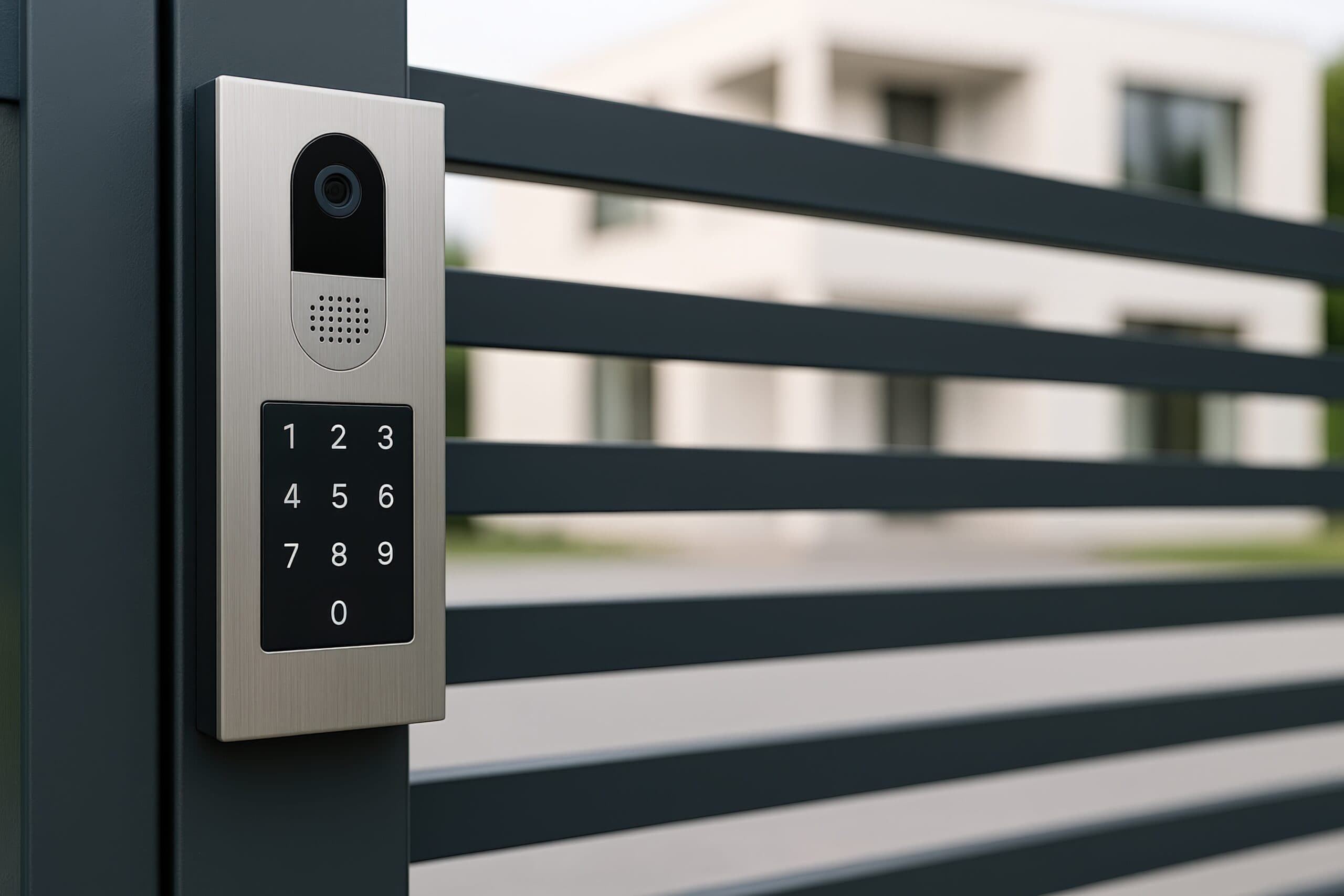 Installation d’un système d’interphone vidéo intelligent sur un portail moderne.